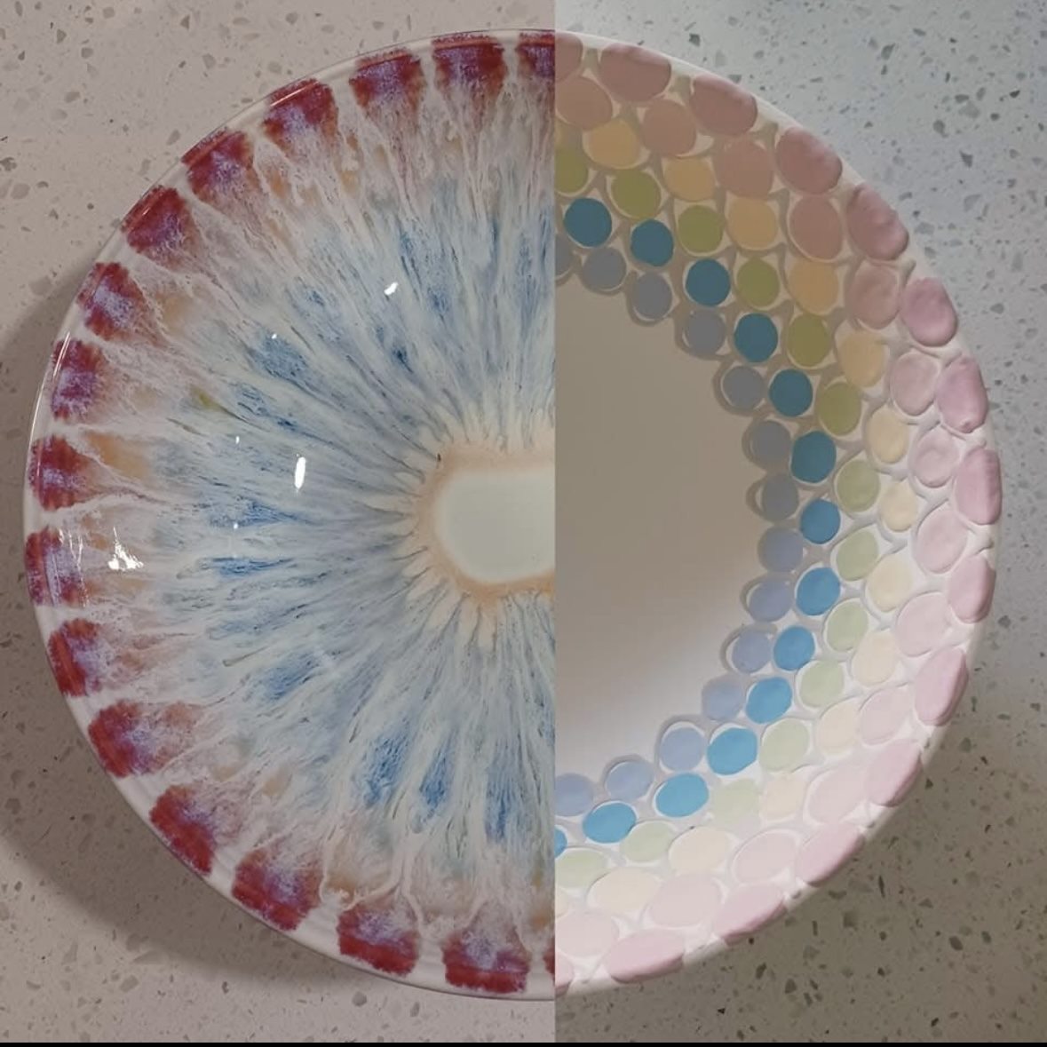 A bowl shown half raw glaze and half fired glaze