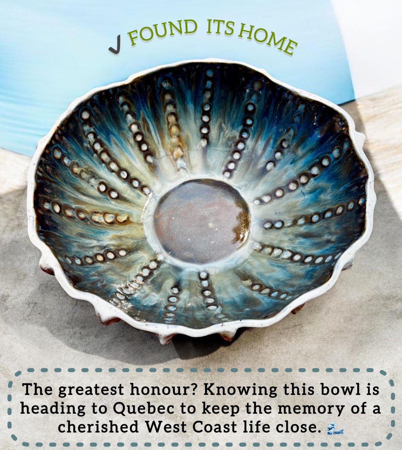 A Blue Depths urchin bowl photographed on sand, captioned as having found its home