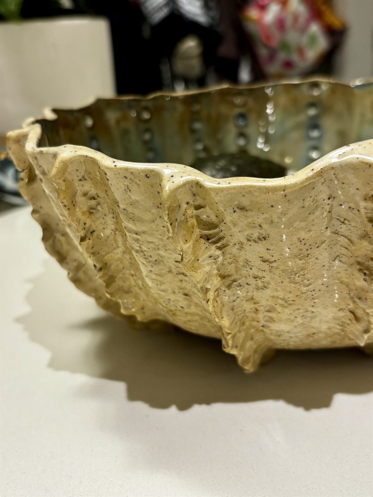 Close detail of the carved ribs and torn rim