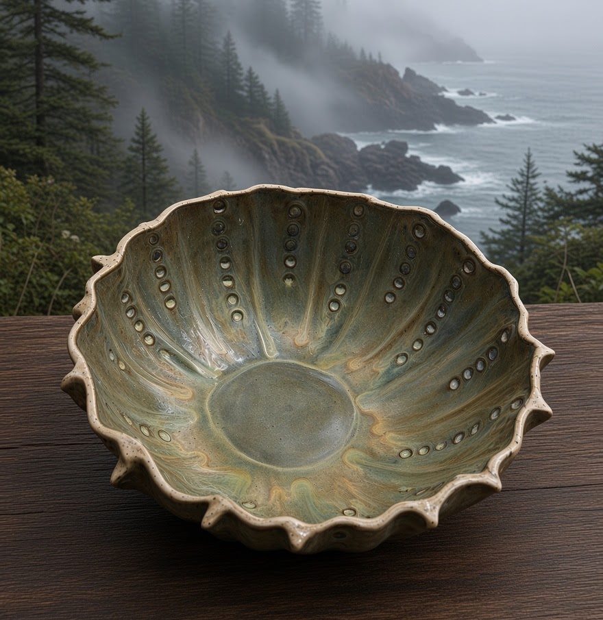 Urchin bowl on a cedar rail above a misty coastline