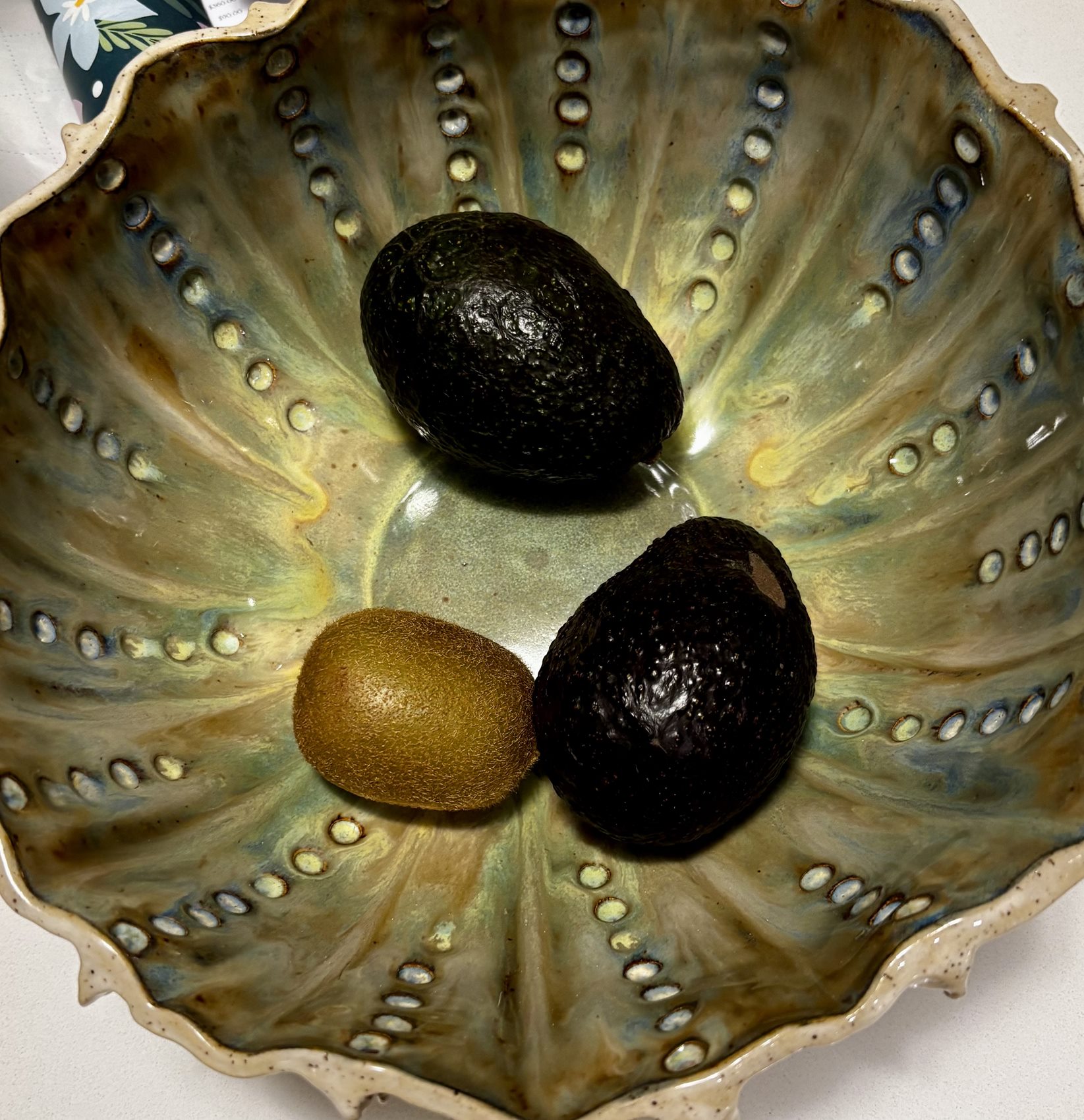 The urchin bowl holding fruit on a kitchen counter